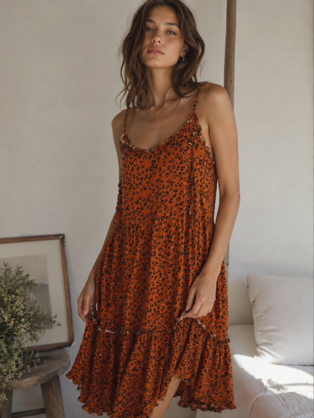 Womens Sz S Leopard Print Mini Slip Dress Boho Ruffle Hem Spaghetti Strap